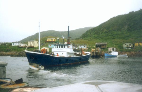 618: Red Island. The fish collector being turned in the harbor by a speedboat. (1995) [courtesy of Pius Mulrooney]